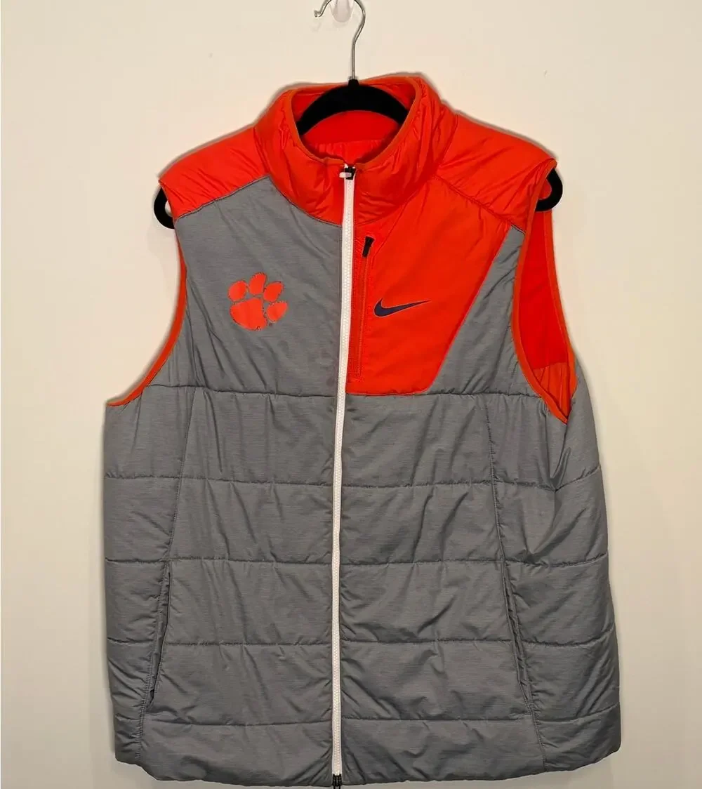 Nike Clemson Tigers Fleece Lined Puffer Vest XL Gray Orange Full Zip NCAA